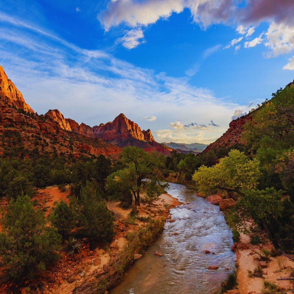 zion national park with a river, red mountains in the distance and desert greenery